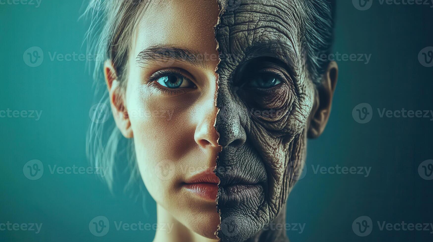 Duality of Age Young and Old Face Blend A Reflection on Times Passage Mortality and Beauty photo