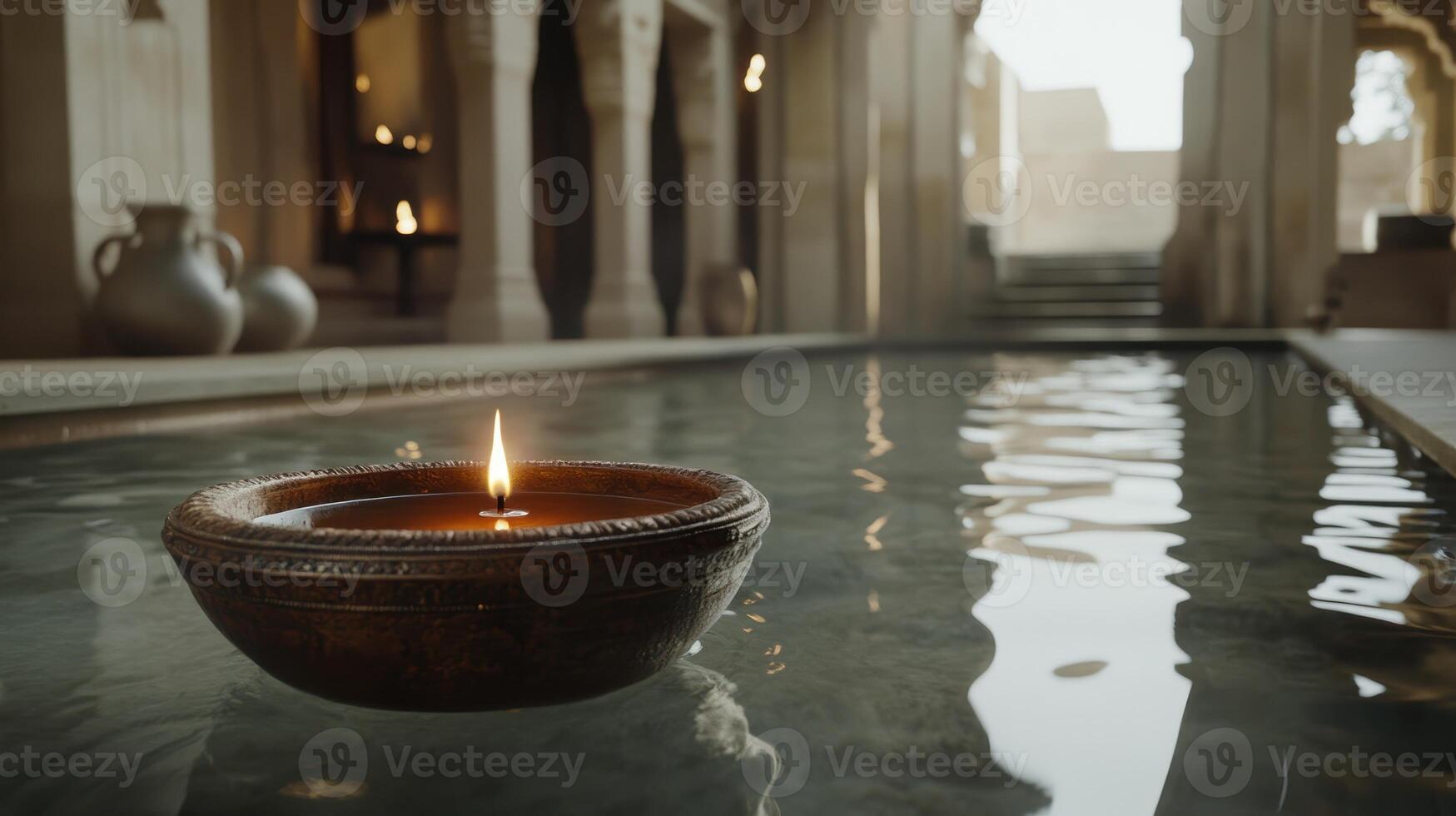 Tranquil Candlelit Bath Reflections in Still Water within an Ancient Structure photo