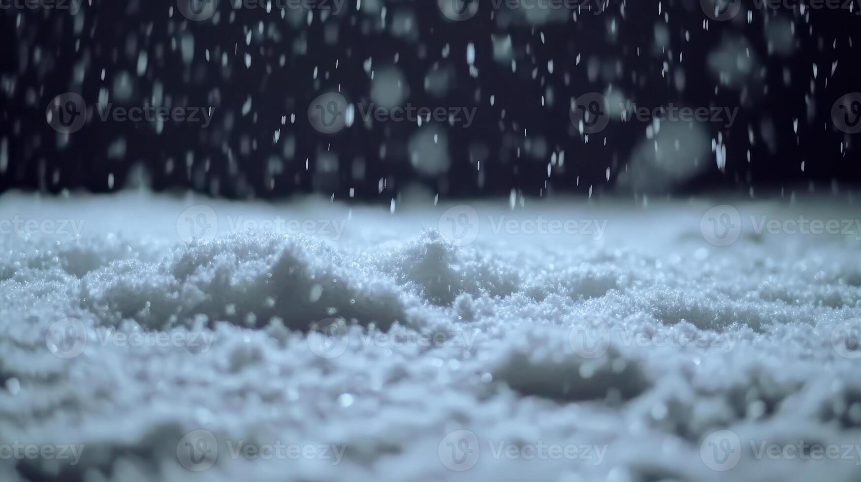 Falling snow on a dark winter night Serene cold weather scene with glittering snow crystals photo