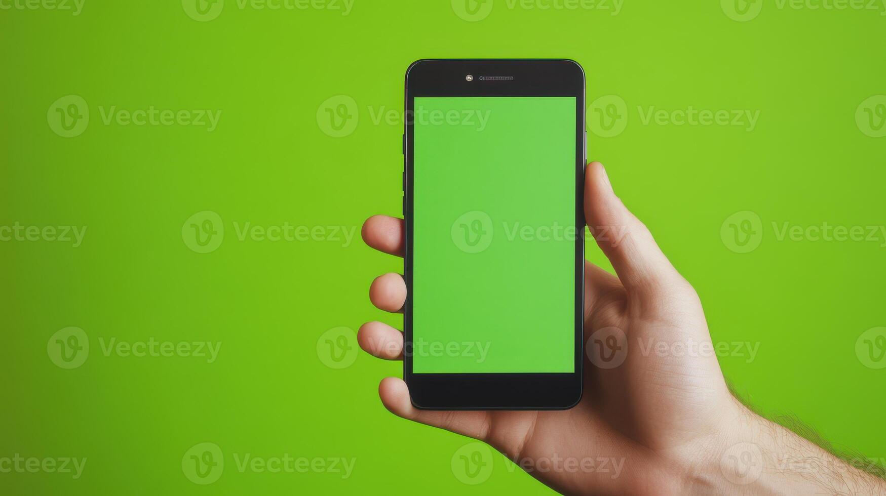 Smartphone with Green Screen Held in Hand against Green Background Technology Communication photo