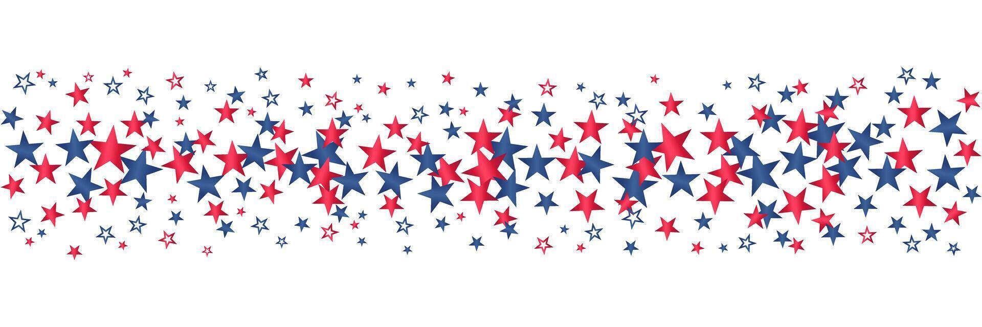 Seamless border red and blue stars in USA flag colors isolated on transparent background. 4th of July, American independence day stars banner vector