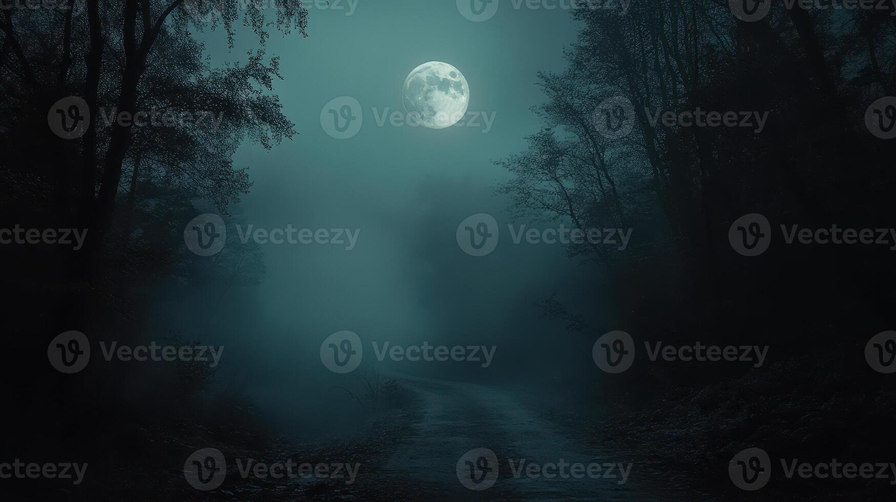 Ethereal Path Full Moon Illuminates a Foggy Forest Trail in the Deep of Night Atmospheric Spooky Mystery photo
