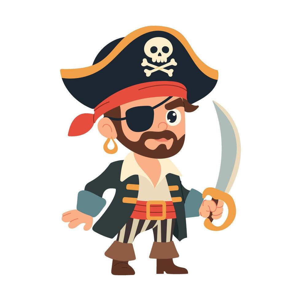 A cartoon pirate with a sword and a skull on his hat. He is wearing a pirate costume and a bandana vector