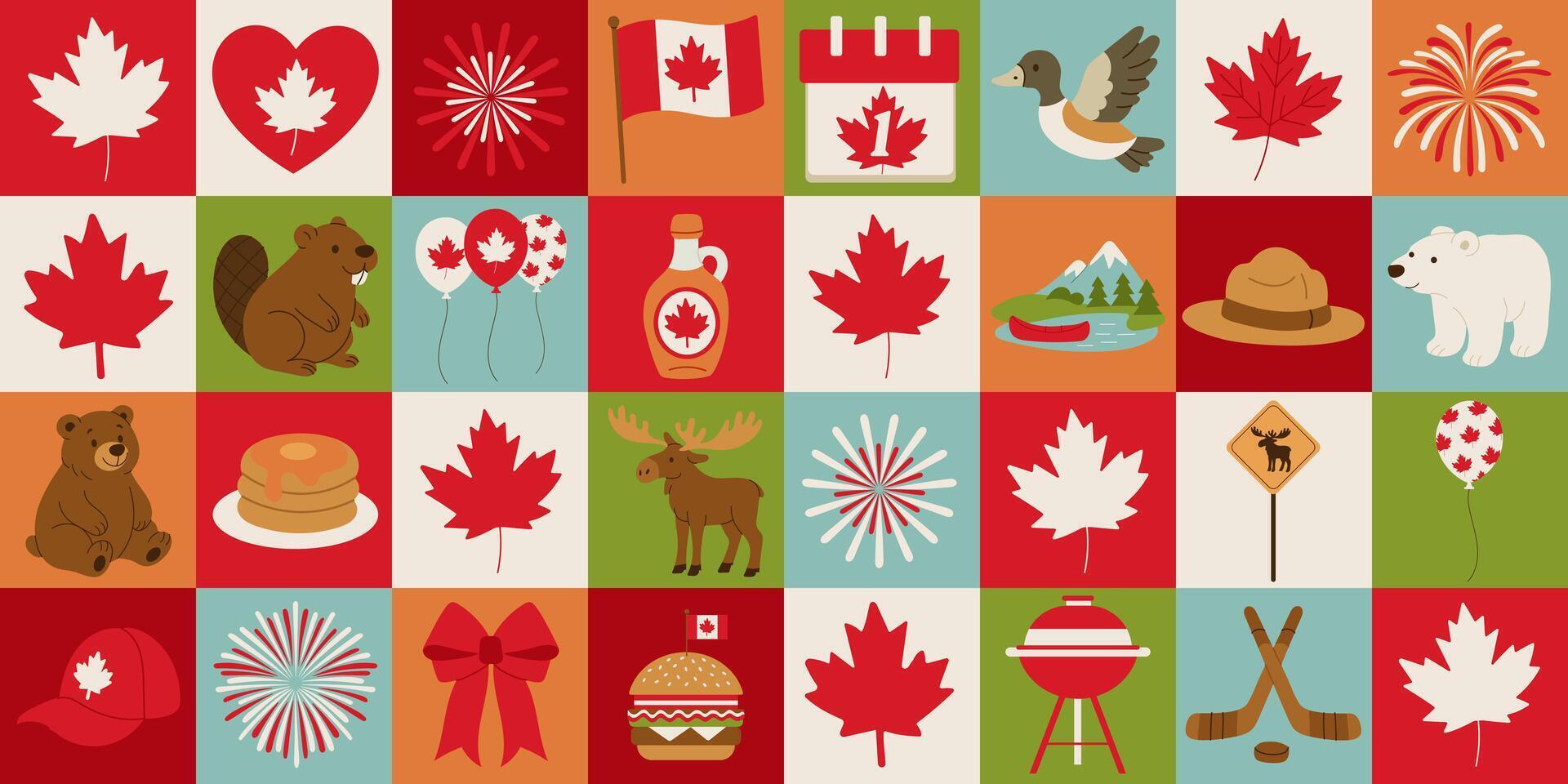 A colorful patchwork of Canadian flags, maple leaves, and other symbols. The image is a collage of various Canadian icons, including a bear, a moose, a maple leaf, and a hockey stick vector