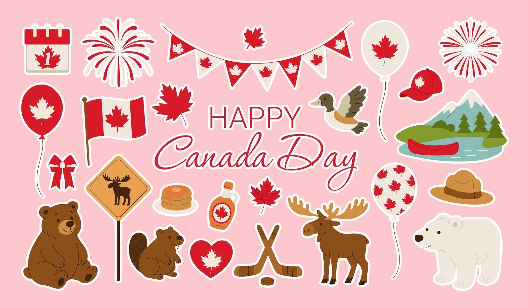 A collection of Canadian flags, maple leaves, and other Canadian icons are displayed on a pink background. The image is titled Happy Canada Day and features a variety of Canadian animals vector
