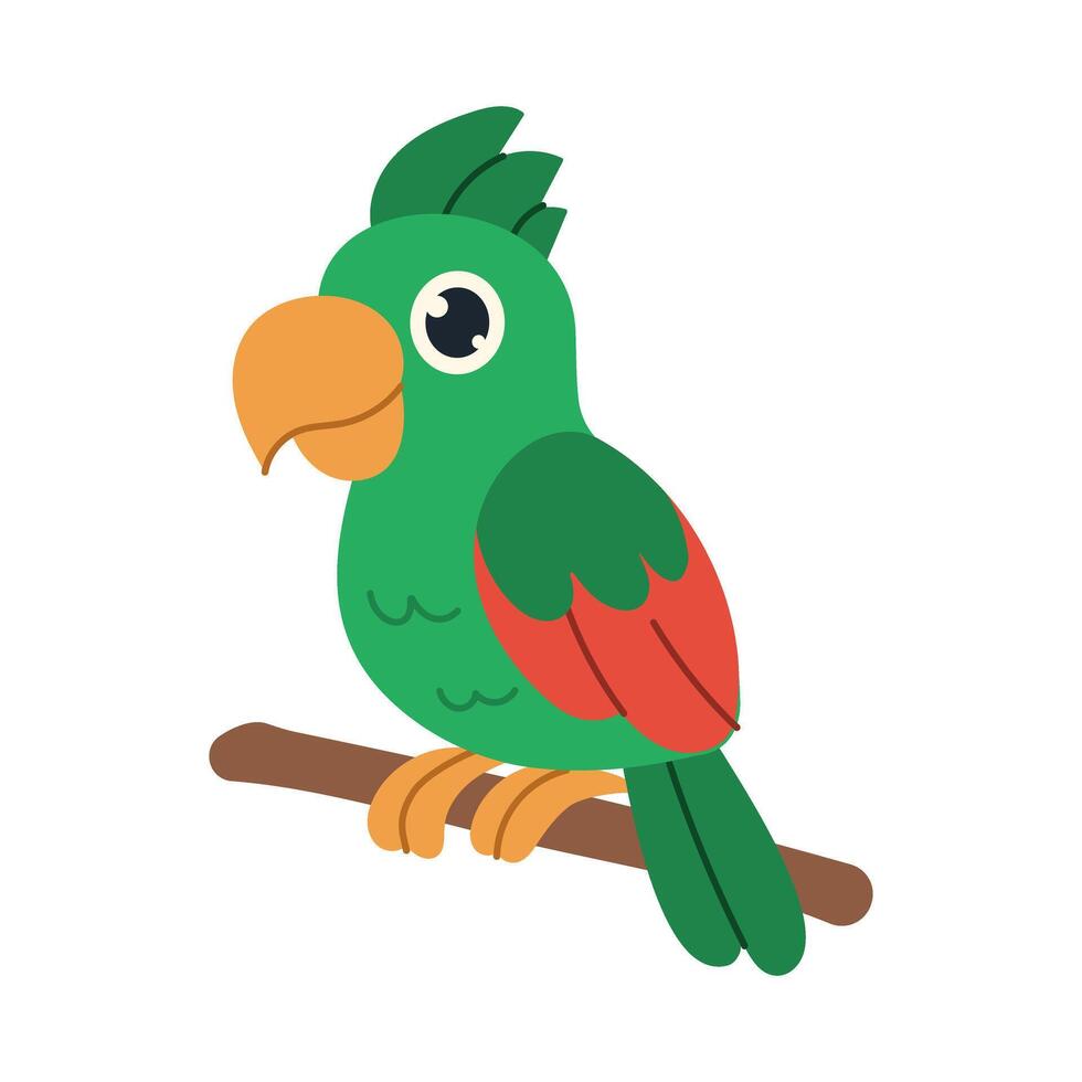 A cartoon parrot is perched on a branch. The bird is green and red. It has a big, curious look on its face vector