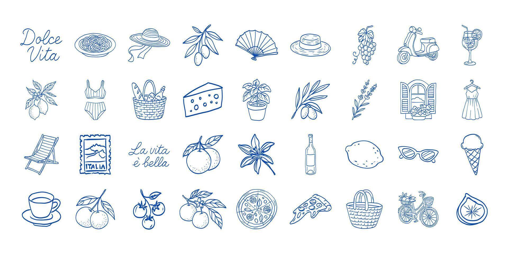 A blue and white image of various food items and objects, including a lemon, a bottle, a bowl, a hat, a fan, a car, a bicycle, a boat, a dress, a bowl, a bottle, a hat vector