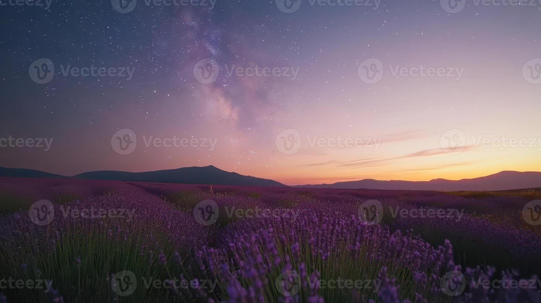 Lavender Fields Under a Starry Sky A Serene Nightscape of Purple Blooms and Celestial Wonder photo