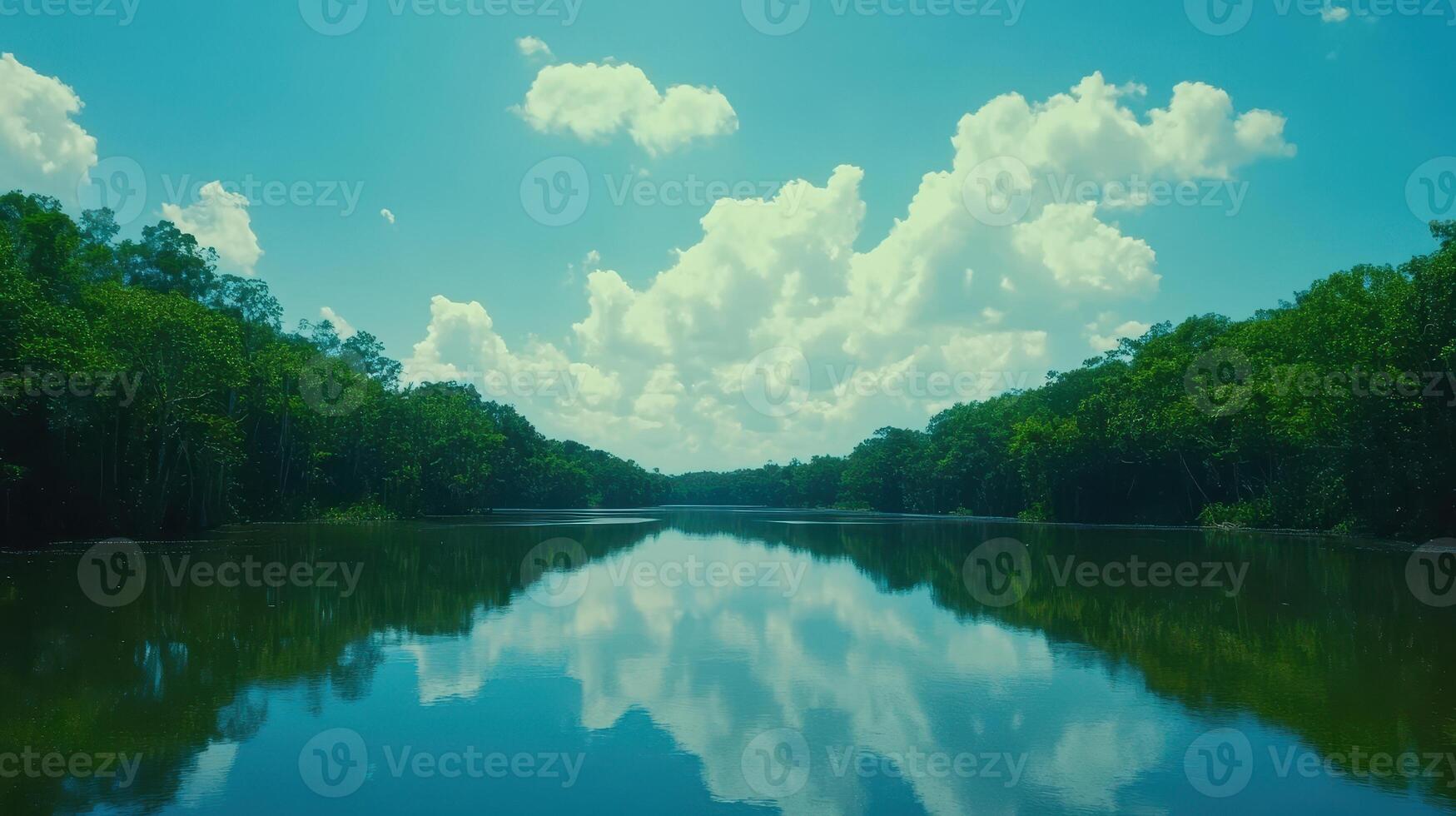 Serene Waters Forest Reflections on a Calm River Under a Cloudy Sky photo