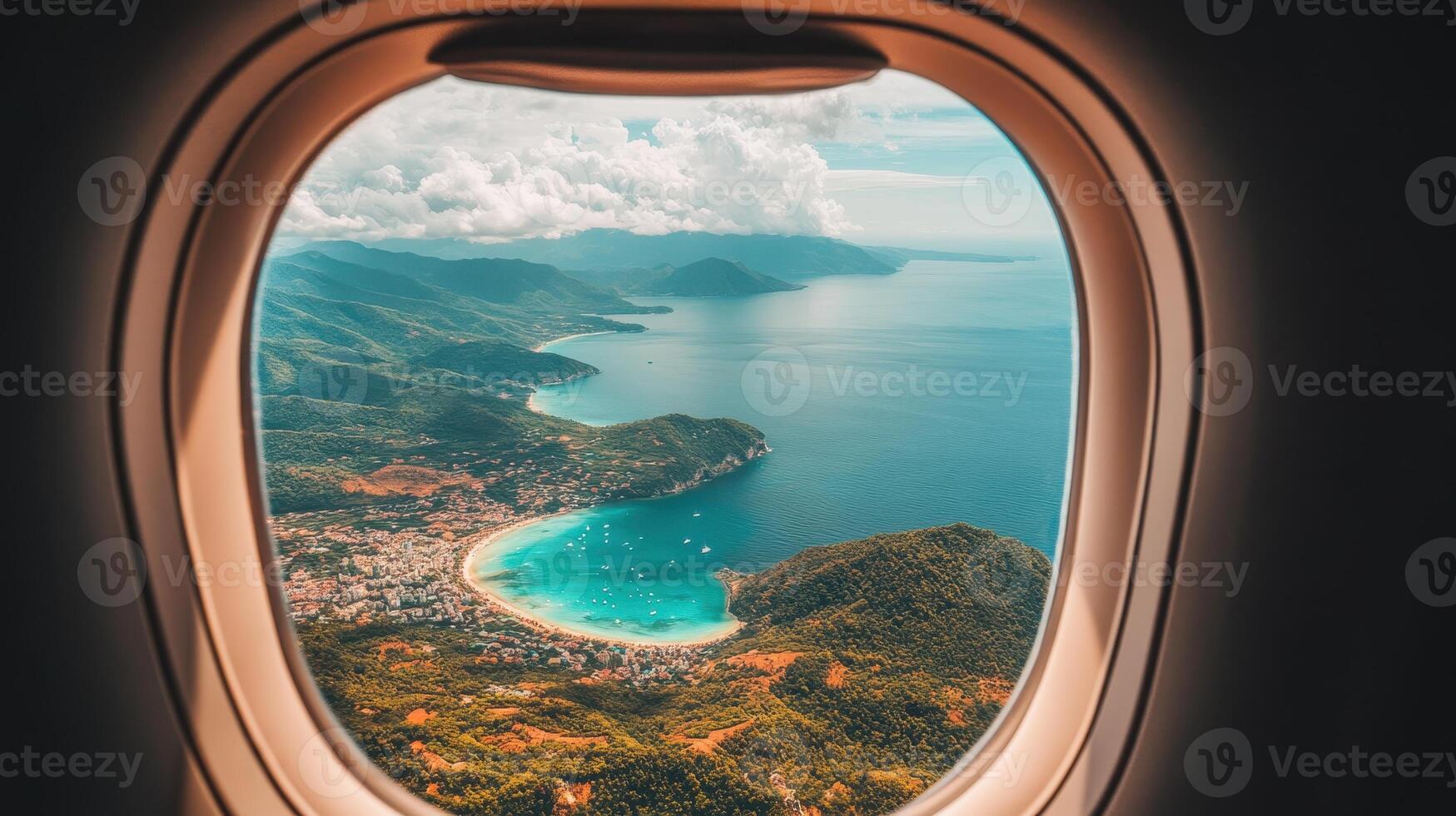 Coastal Paradise Seen Through a Plane Window Mountains Beach and Azure Waters photo