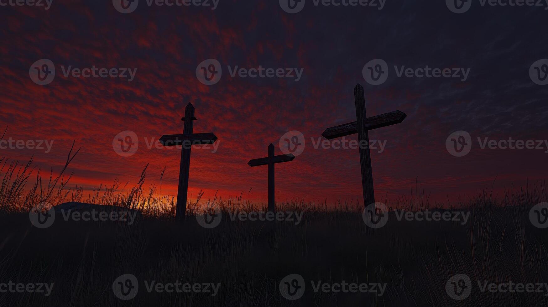 Three Crosses at Twilight A Silhouette Against a Fiery Sky photo