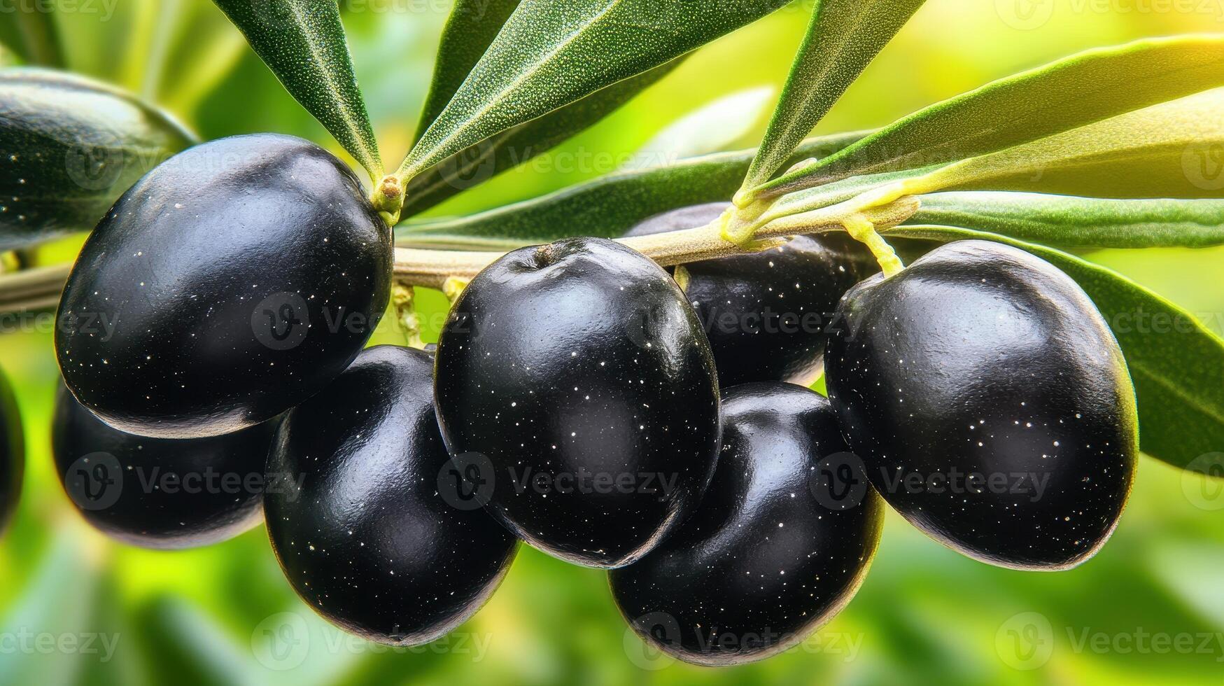 Ripe Olives on the Branch CloseUp of Healthy Black Fruits Green Leaves in Natural Sunlight photo