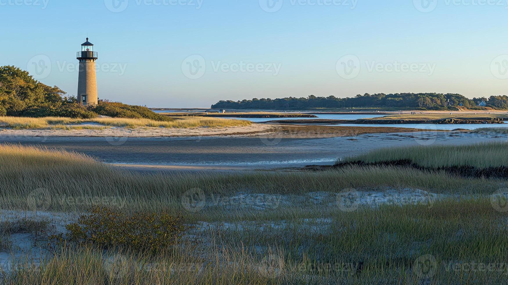 Lighthouse at Low Tide Serene Coastal Landscape With Towering Beacon Amidst Beach and Salt Marsh Grass photo