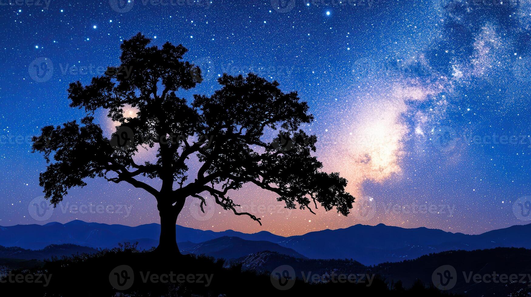 Under a Starry Sky Silhouetted Tree with Mountain Backdrop and Milky Way Magic photo