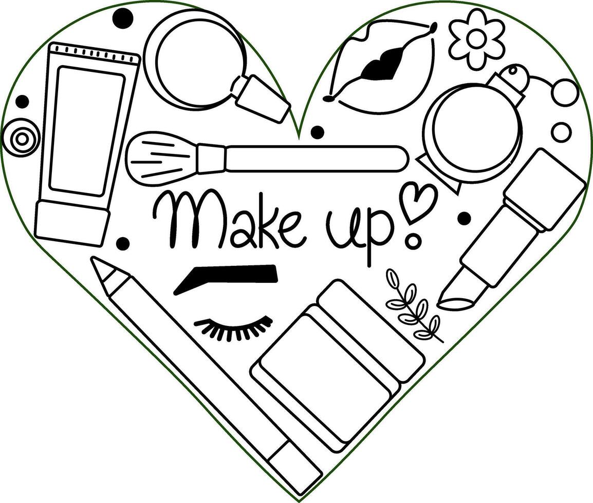 Cosmetic heart composition. graphic line illustration. Black and white cute cosmetic makeup art. illustration for package, vacation design, fabric and textile. vector
