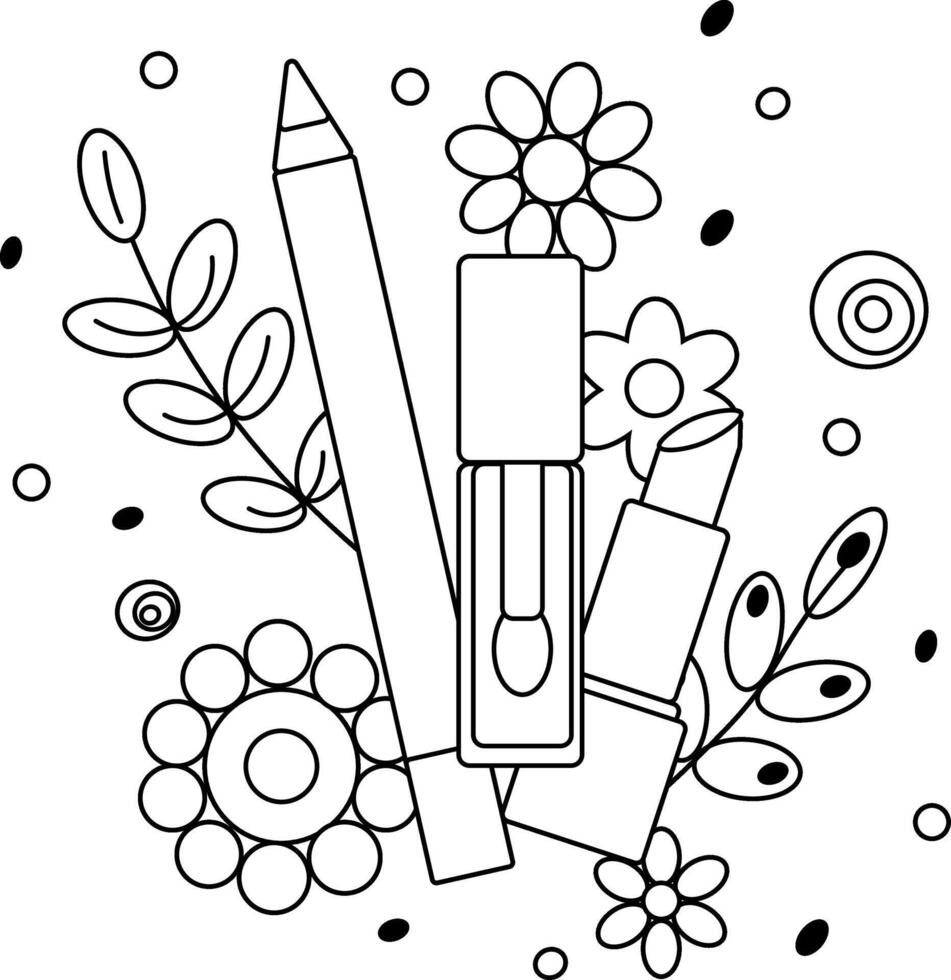 Lipstick, lip gloss and pencil with flowers and leaves composition. graphic line illustration. Black and white cute cosmetic makeup art. For logo, web, package, sticker. vector