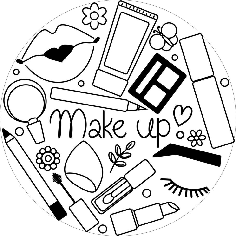 Cosmetic Round circle composition. graphic line illustration. Black and white cute cosmetic makeup art. illustration for package, vacation design, fabric and textile. vector