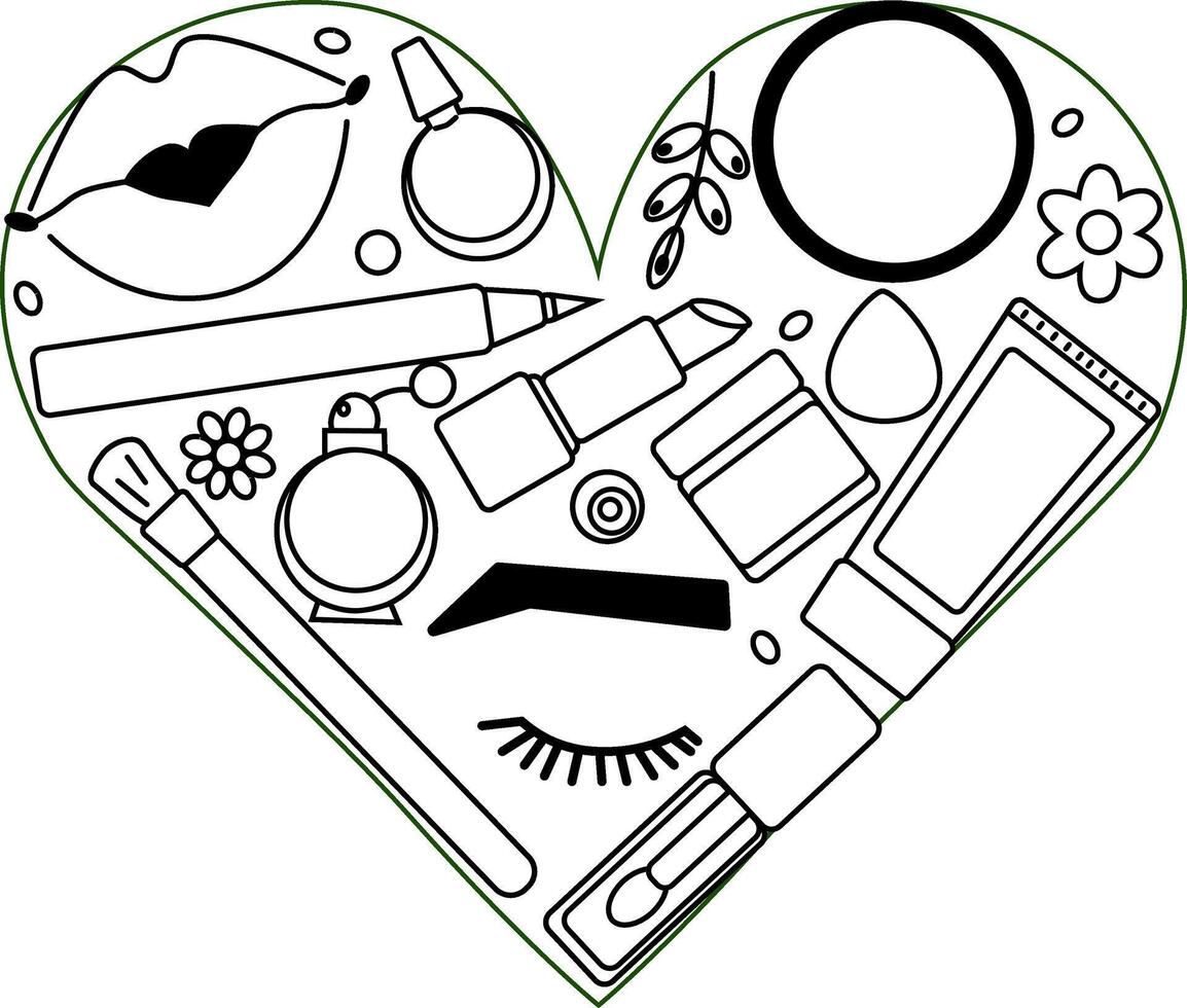 Makeup tools heart composition. graphic line illustration. Black and white cute cosmetic makeup art. For poster, party invitation, backdrop, ad, sale promotion, print for t-shirt vector