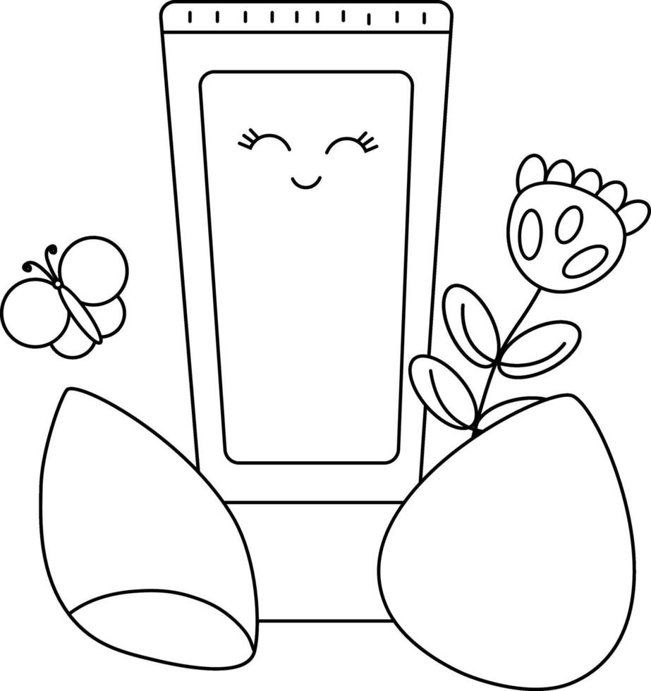 Makeup cream and sponges composition. graphic line illustration. Black and white cute cosmetic makeup art. Perfect for cards, decorations, stickers, logo, menu, various designs. vector