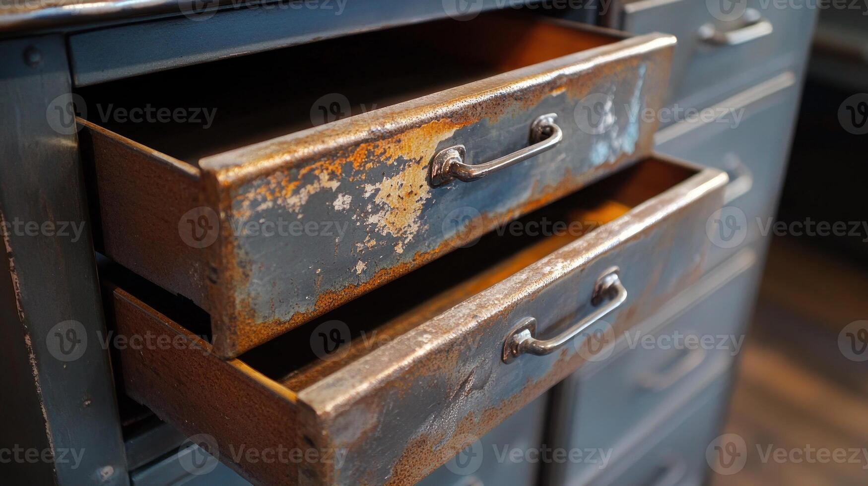 Rustic metal drawers, open photo