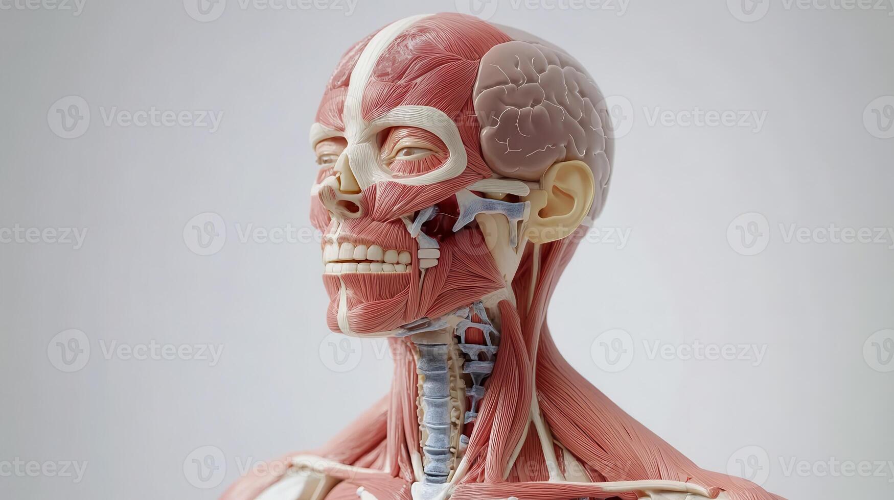 Anatomical Musculature Human Head and Neck Structure with Visible Muscle Tissue and Skeleton photo