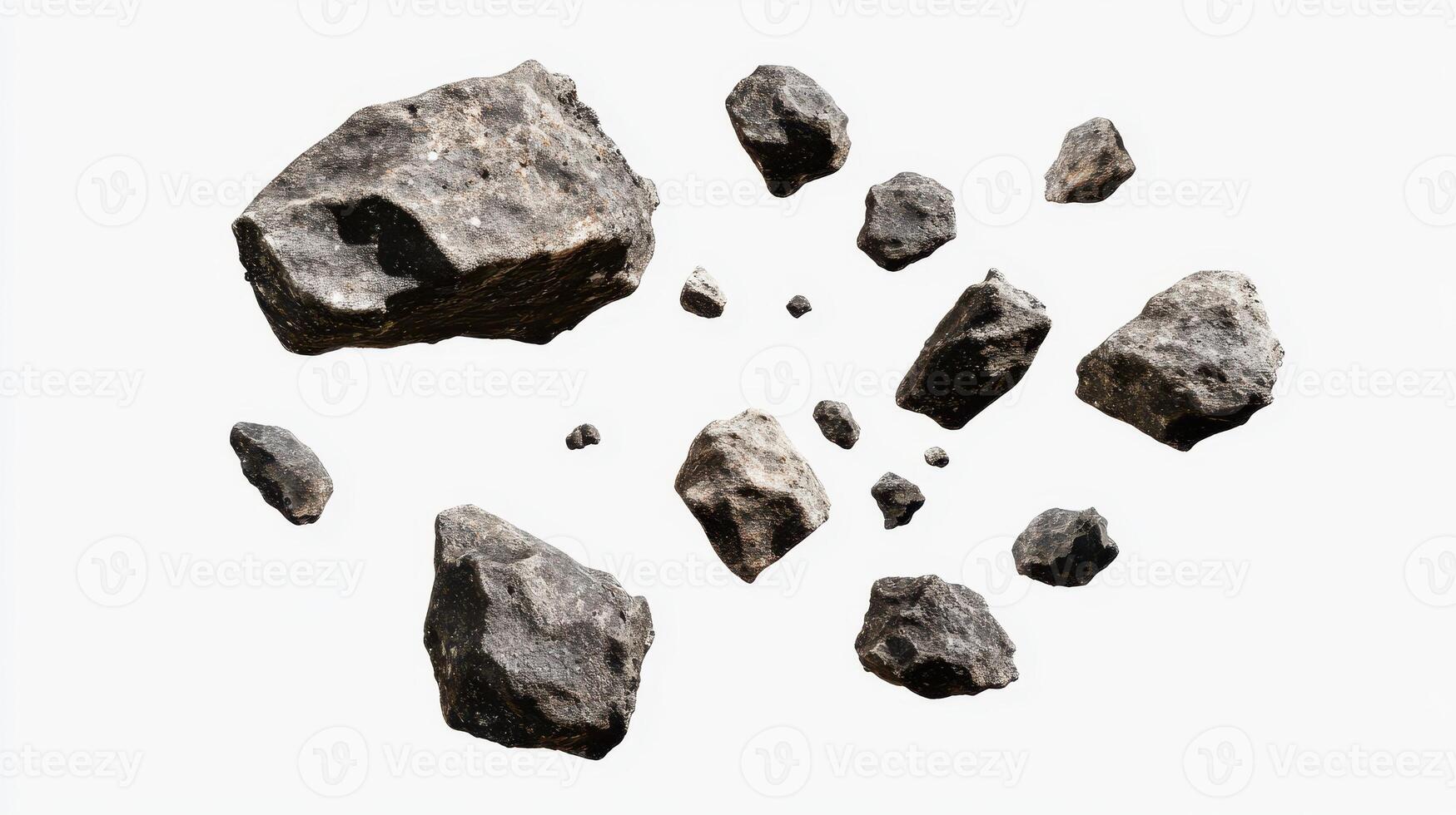 Floating Rocks A Collection of Rocks Suspended in Mid-Air Against a White Background photo
