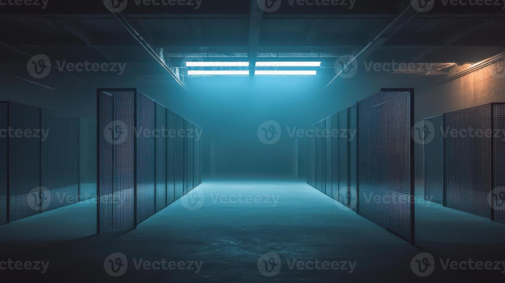 Data Fortress Rows of Servers Bathed in Cold Light in a Futuristic Server Room Ambiance photo