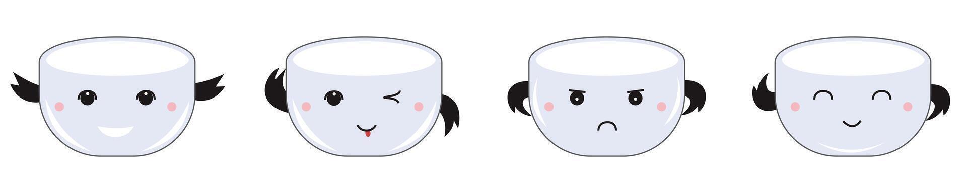 Four cartoon cups with expressive kawaii faces. vector