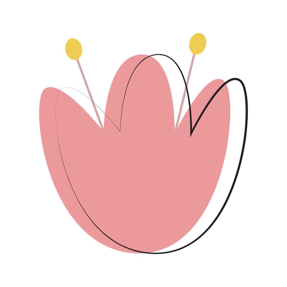 Pink abstract flower with black contour and yellow dots. vector