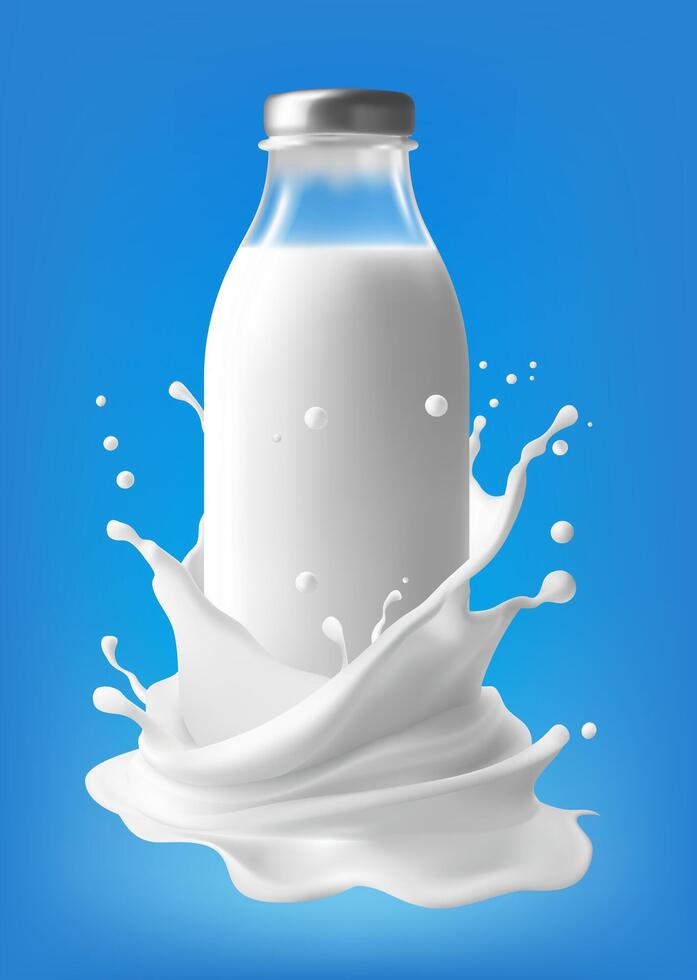 Realistic milk bottle with cream splash, isolated white wave with drops around glass flask with dairy product. 3d fluid with splatters, liquid milky flow stream, calcium food vector