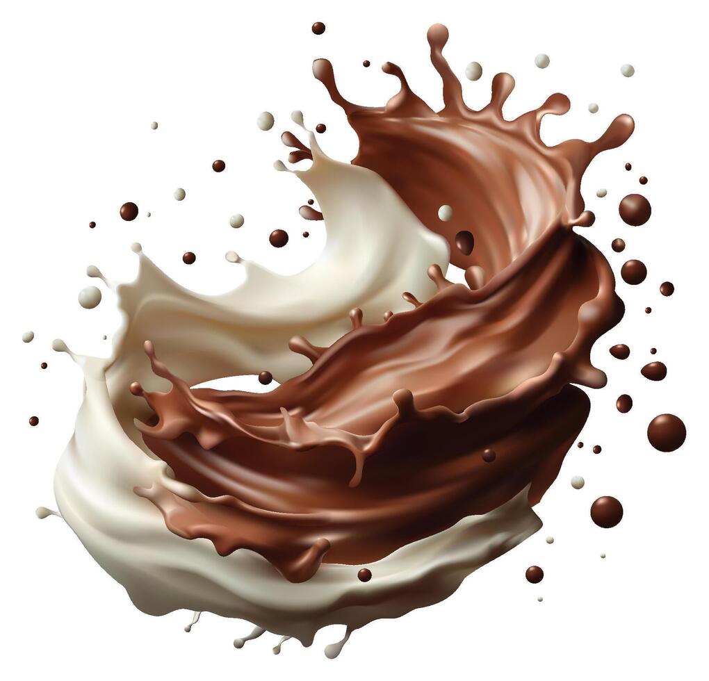 Milk and chocolate splash swirls and flow. Realistic with cocoa and milky waves with drops. isolated on white background. vector