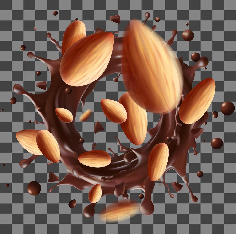 realistic . Almond nut with chocolate splash. Almond milk, dairy product. Mesh gradient is used vector