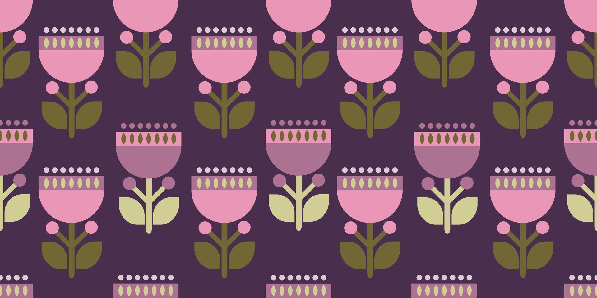 Modern retro seamless pattern of geometric flowers. Pink, green, purple, violet, colors. Design for banner, fabric, print, textile, wallpaper. vector