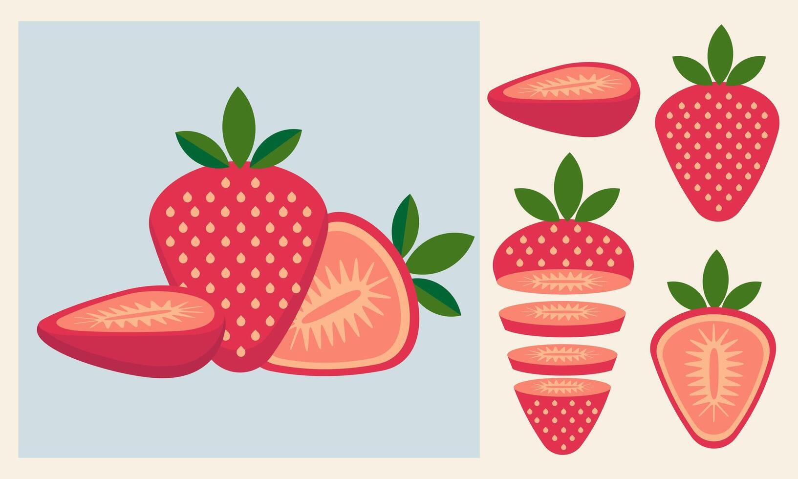 Set of fresh red strawberries in cartoon style. Illustration of tasty fruits whole and cut, large and small sizes with green leaves. vector