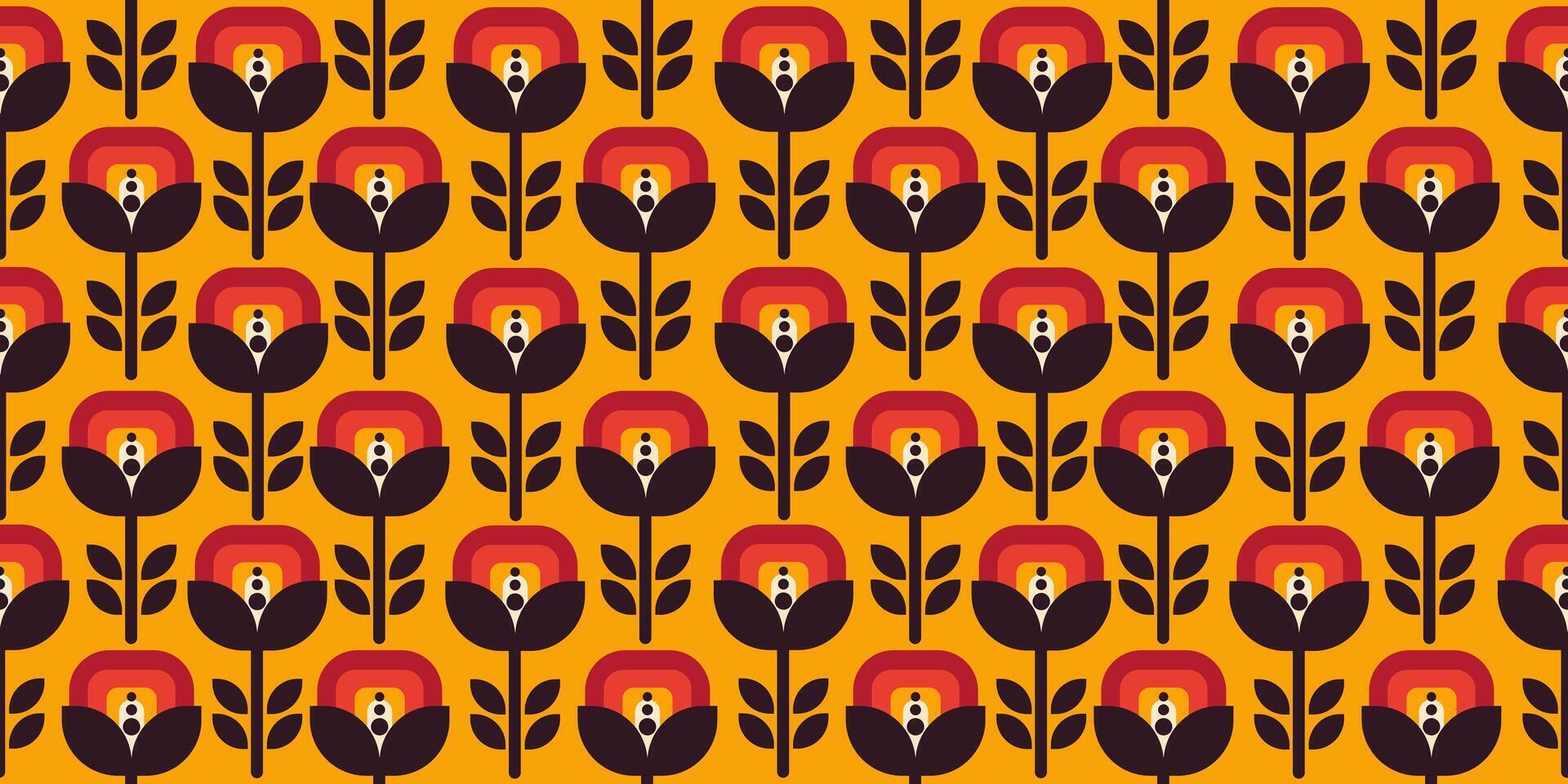 Colorful folkish retro seamless pattern of geometric flowers. Design for banner, flyer, print, poster, wallpaper, fabric. Orange, red, and black colors. vector