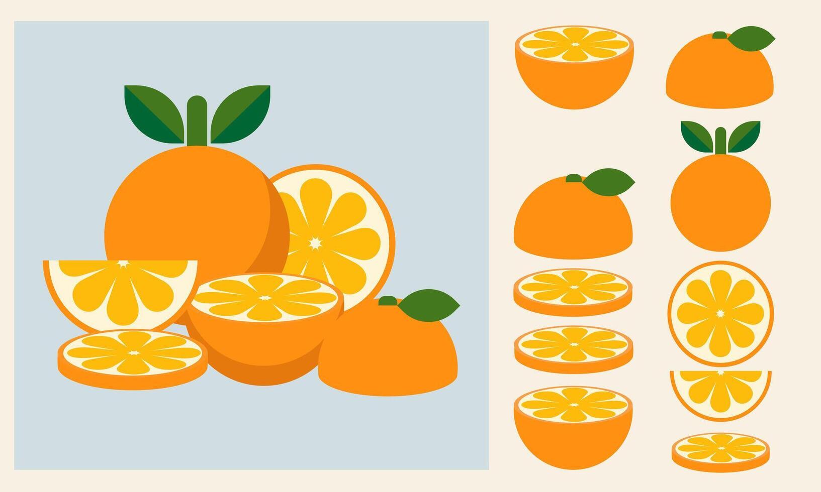 Orange. Set of fresh whole, half, cut slice orange fruit. Organic fruit. Flat style, illustration for any design. vector