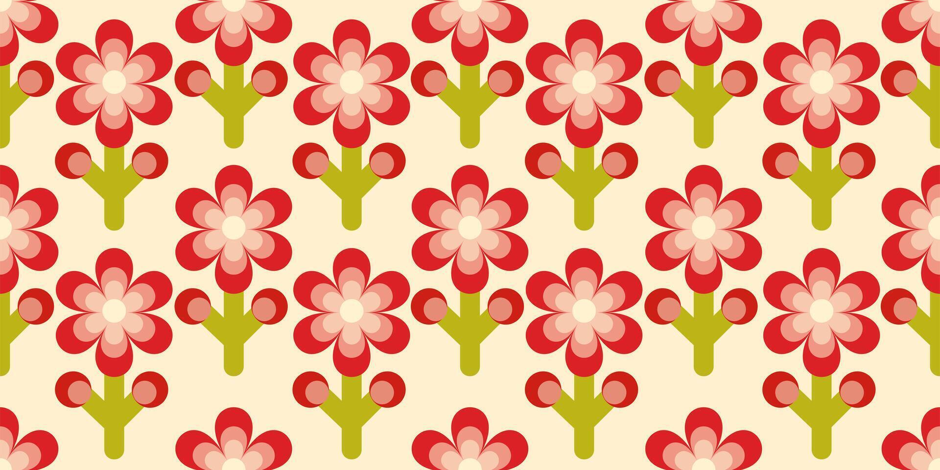 Modern retro seamless botanical pattern of geometric flowers in red on beige background. Design for banner, fabric, print, textile, wallpaper. vector