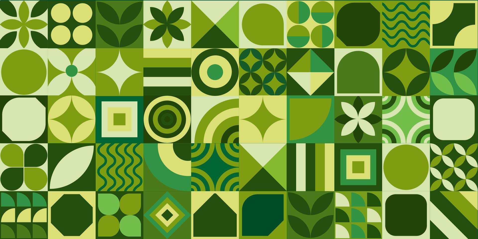 Set of green bauhaus natural geometric shapes in tiles, decorative abstract art, banner, wallpaper vector