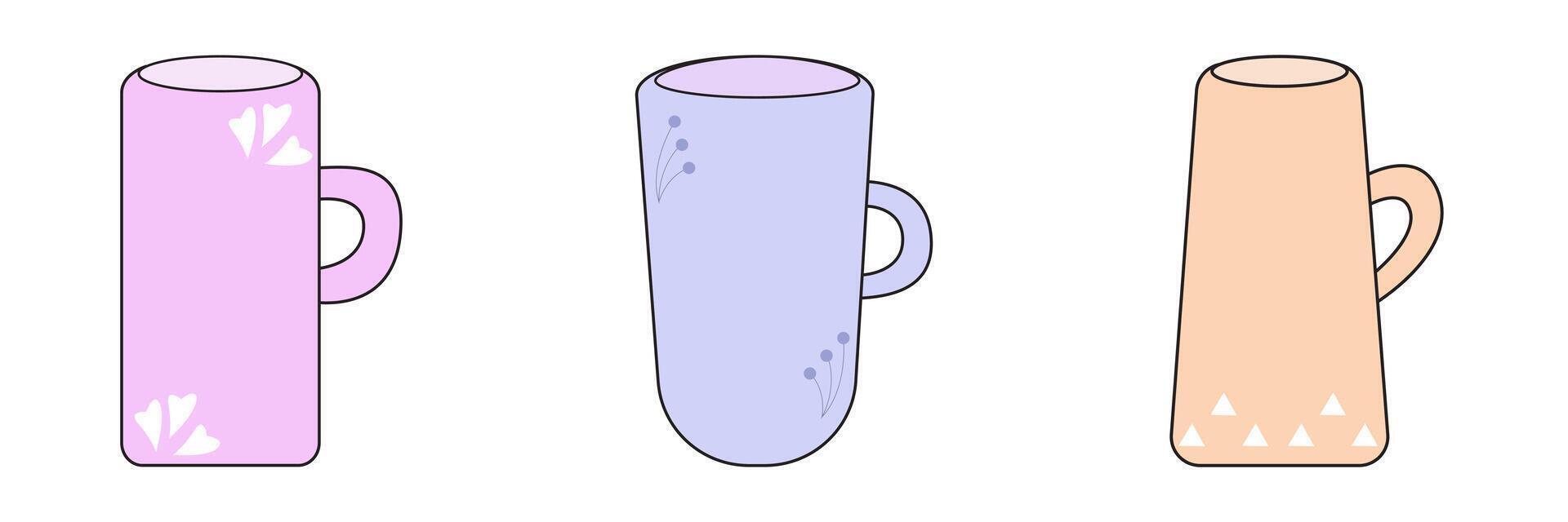 Three pastel mugs with simple decorative accents. vector