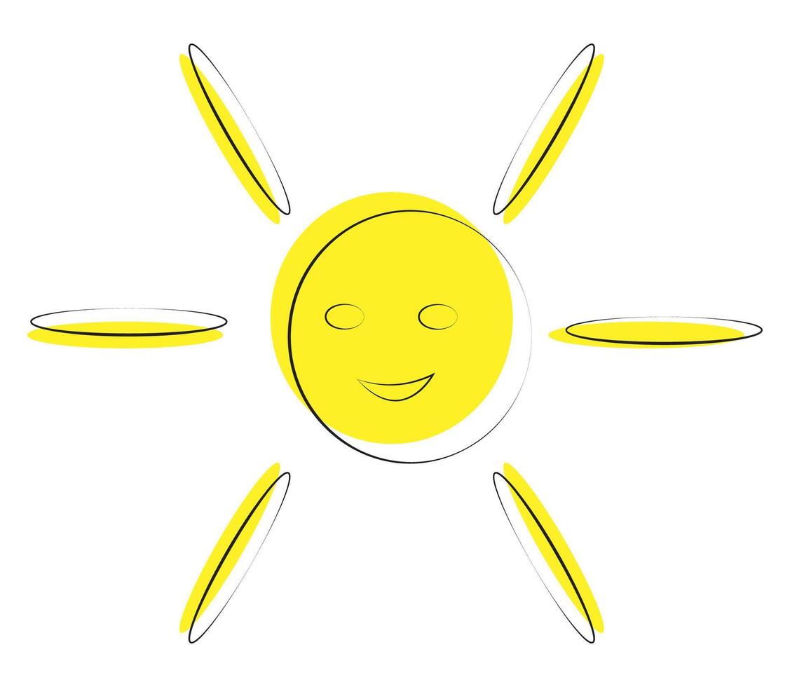 Yellow smiling sun with floating oval rays. vector