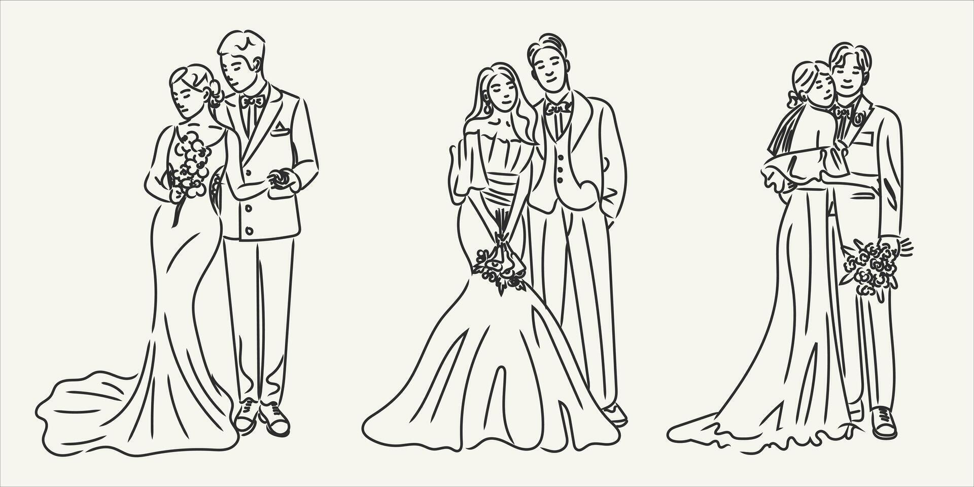Set of minimalist line drawing wedding couple groom and bride in elegant poses. Whimsical ink sketch wedding ceremony marriage people. Perfect for invitations, greeting cards, romantic wall print vector
