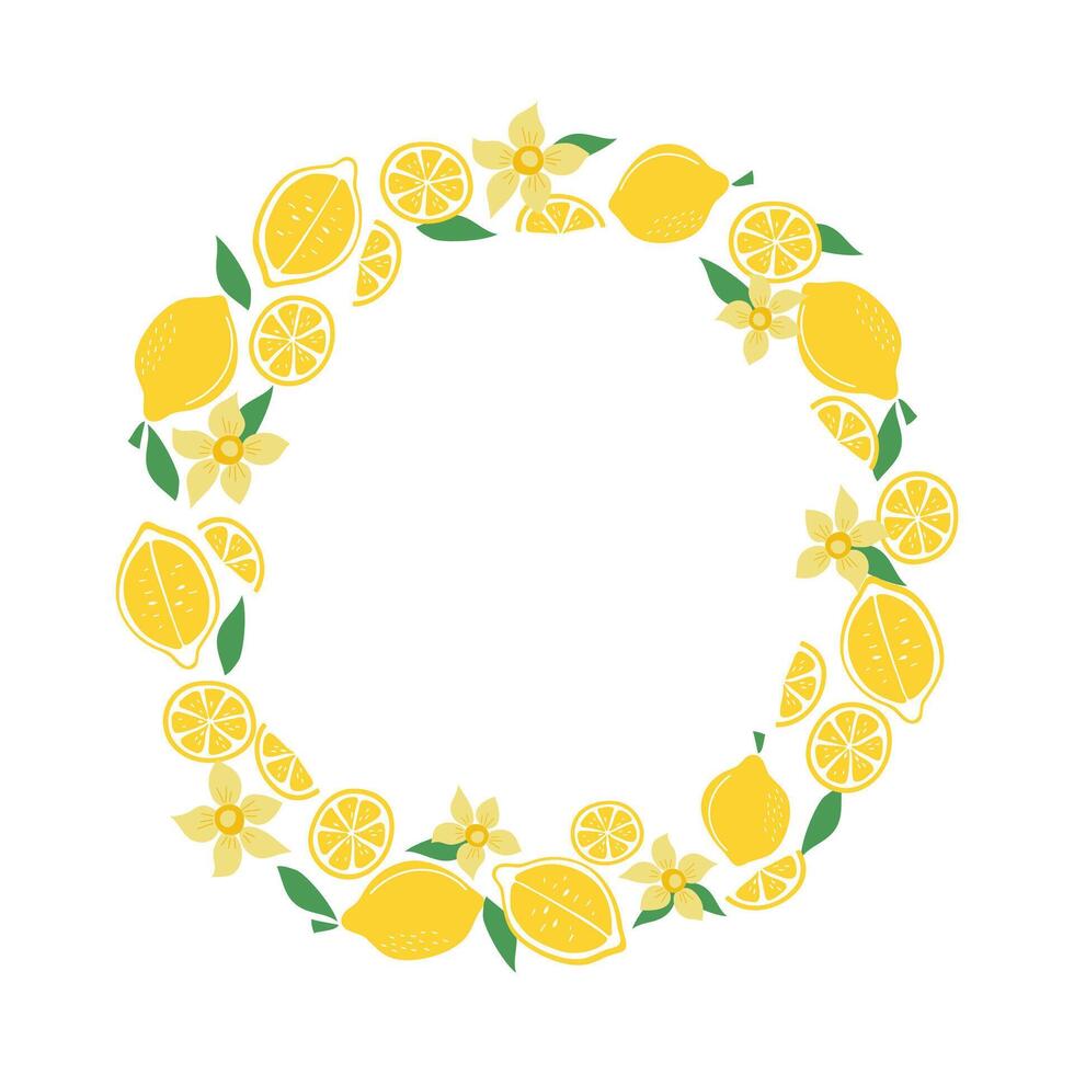 Lemons, round frame with simple abstract fruits. Lemon wreath, empty summer background with space for text. Color flat illustration. Isolated white background. vector