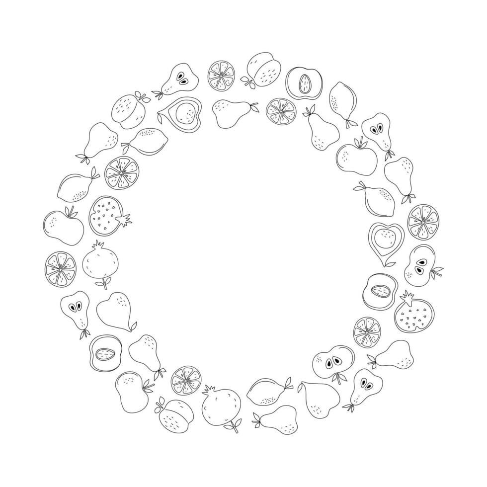 Set fruits. Frame, border round. Linear icons. Simple fruits with leaves. Vitamin natural vegetarian food, garden crop, harvest. Drawing, sketch, illustration on white isolated white background. vector