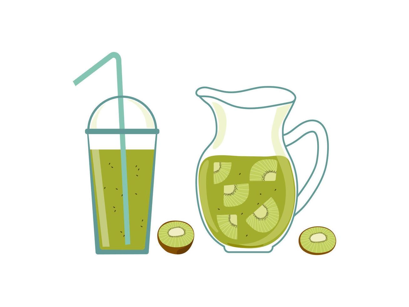 Jug and glass with kiwi juice. Natural lemonade in a glass pitcher, healthy drink, food, smoothies, detox with fruit, kiwi slices. Healthy nutrition. Summer refreshing drink. vector