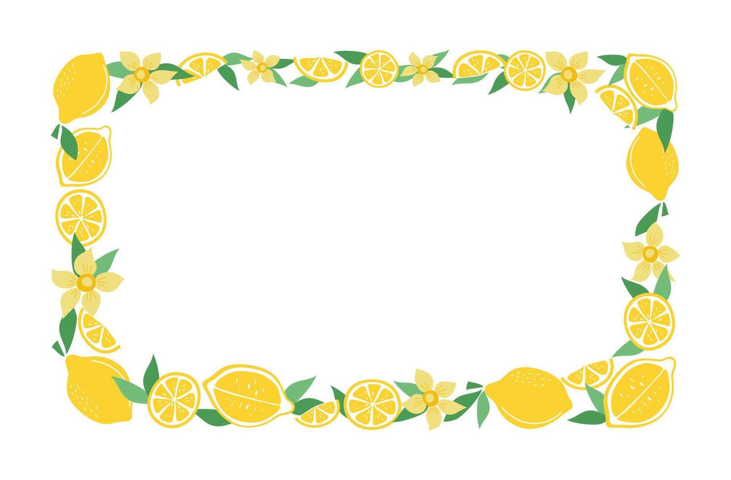 Lemons, frame, simple fruits. Lemon wreath, empty summer background with space for text. Color flat illustration. Isolated white background. vector