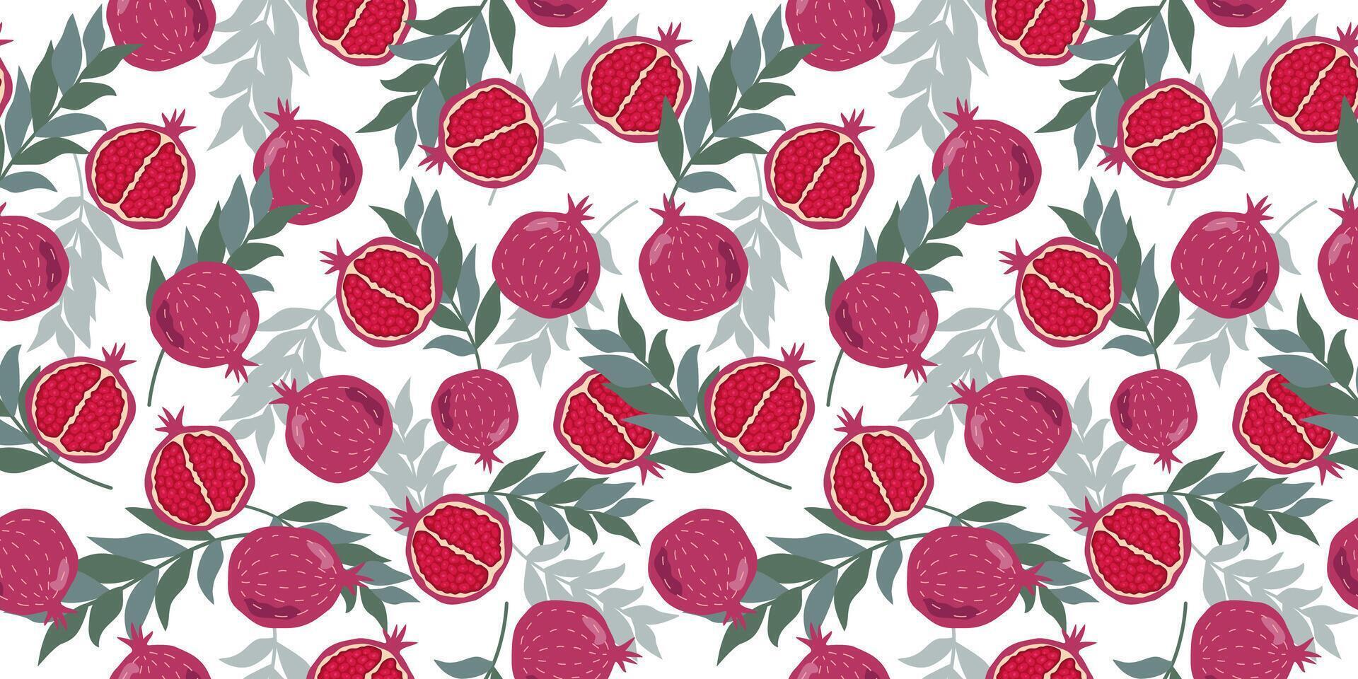 Cartoon pomegranate with leaves. Slices and whole fruit pattern. Vitamin natural vegetarian food. Color flat illustration, graphics print. Seamless background. vector