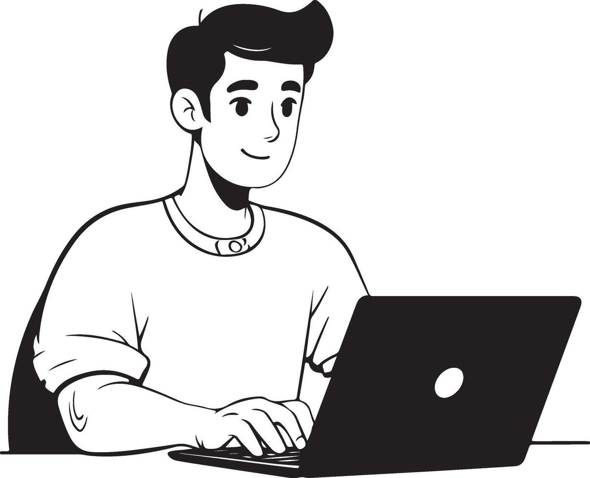 Young Man Working on Laptop Illustration vector