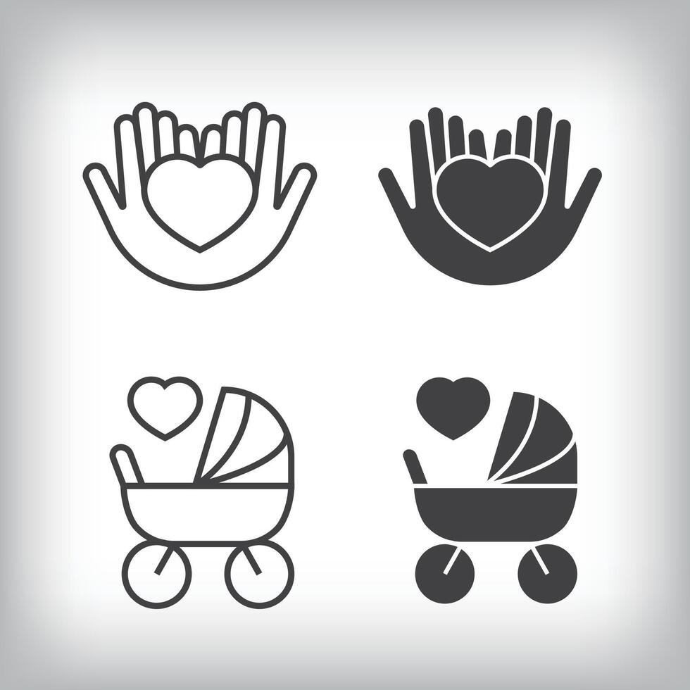 Heart and baby carriage artistic design inside. Simple linear and flat artistic family set vector