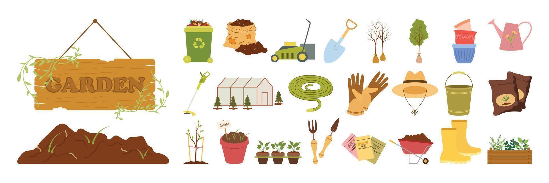 Simple gardening tools, plants, fences, and accessories for home gardens vector