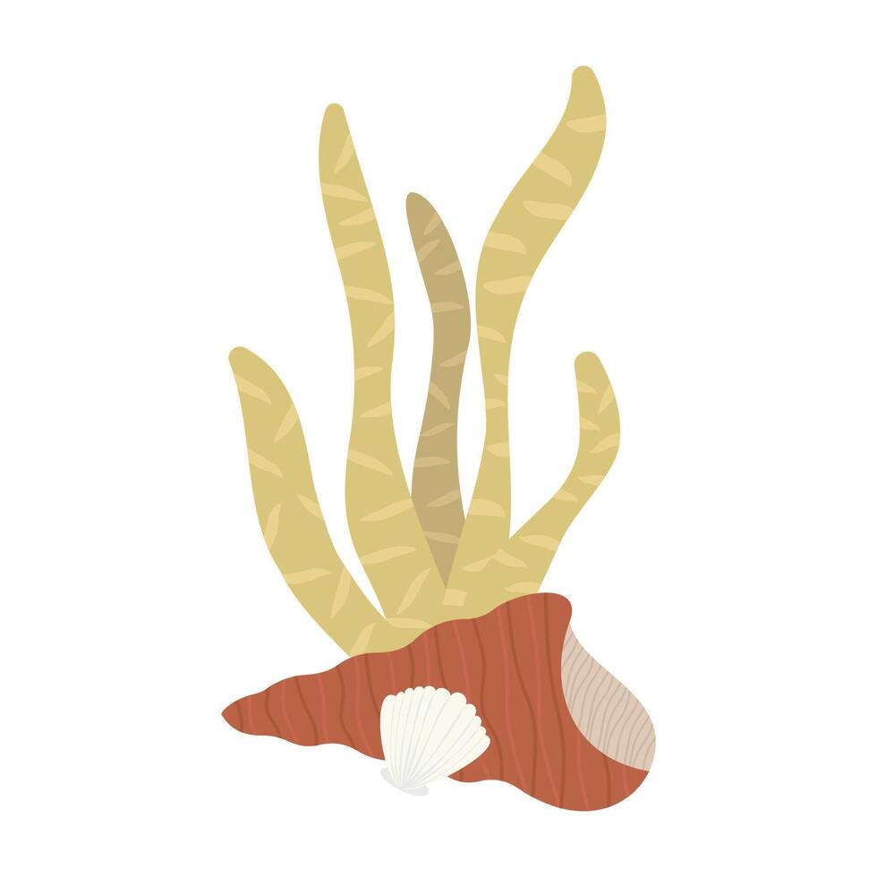 Cartoon-style underwater plant, corals, sponges, and sea life shape vector